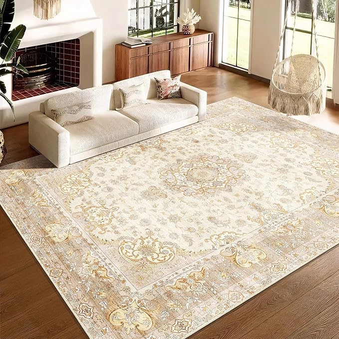 9'x12' Area Rugs Washable,Large Boho Rug for Living Room Bedroom Dining Room,Vintage Bohemian Distressed Oriental Carpet Non Slip,Retro Gold Floral