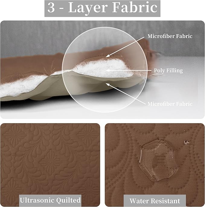 Easy-Going King Size Reversible Quilt Set with 1 Quilt and 2 Pillow Shams, Soft Bed Quilt Cover, Water Resistant Lightweight Microfiber Bedspread, Stain Resistant, Olive Leaf-Brown/Beige