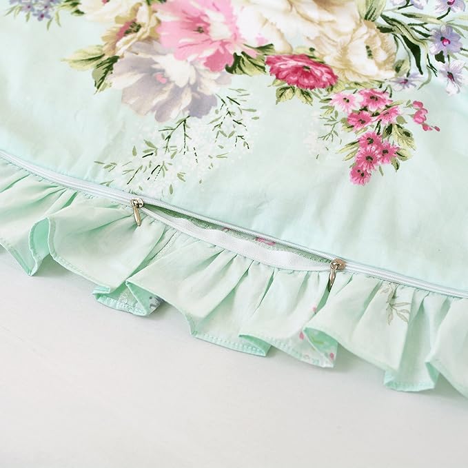 FADFAY Green Floral Duvet Cover Sets Vintage Flower Printed Bedding Ultra Soft 100% Cotton Designer Bedding Set 3 Pieces, 1duvet Cover & 2pillowcases (Twin Size, Ruffle Style)