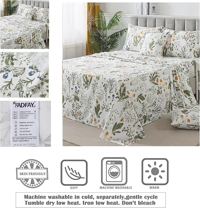 FADFAY Twin XL Sheets Set, 100% Percale Cotton Floral Dorm Bedding, Extra Long Twin Botanical Print Sheets & Pillowcases Yellow Flowers & Leaves, Breathable & Soft Wildflower Bedding for College