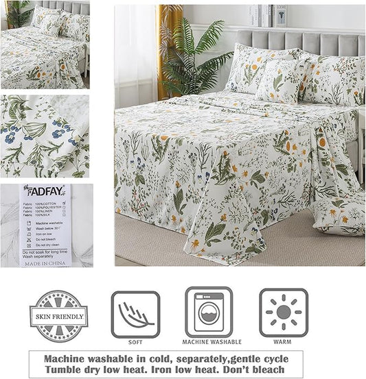 FADFAY Twin XL Sheets Set, 100% Percale Cotton Floral Dorm Bedding, Extra Long Twin Botanical Print Sheets & Pillowcases Yellow Flowers & Leaves, Breathable & Soft Wildflower Bedding for College