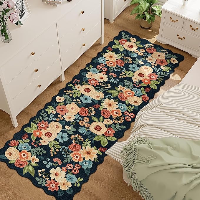 DUKINO 2x6 Runner Rug for Hallway, Washable Kitchen Rug with Non Slip Backing & Non-Shediing, Soft Low Pile Floral Design Runner for Bedroom, Kithchen, Living Room, Laundry, Bathroom, Navy Blue