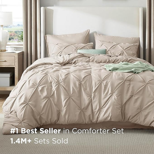 Bedsure California King Comforter Set Beige - Bed in a Bag Cal King Bedding Set 7 Pieces, GentleSoft™ Pintuck Bed Set Gift for Family, Pinch Pleat Beige Comforter with Sheets, Pillowcases & Shams
