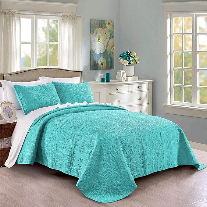 Pure Bedding Quilt Set Full/Queen Size Aqua - Oversized Bedspread - Soft Microfiber Lightweight Coverlet for All Season - 3 Piece Includes 1 Quilt and 2 Shams, Geometric Pattern
