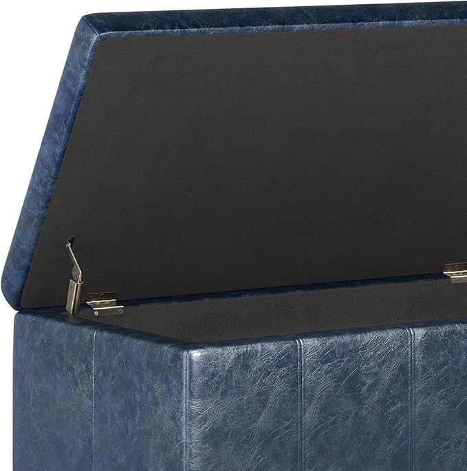 SIMPLIHOME Dover 36 inch Wide Contemporary Rectangle Storage Ottoman Bench in Denim Blue Vegan Faux Leather, Assembled, for the Living Room, Entryway and Family Room
