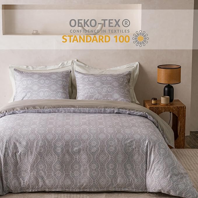 HeimenAogo Egyptian Cotton Duvet Cover California King Sateen Weave, Silky Soft Duvet Cover with Zipper Closure, Long Staple Cotton Comforter Cover Bohemian Damask Geometric 3 Pcs
