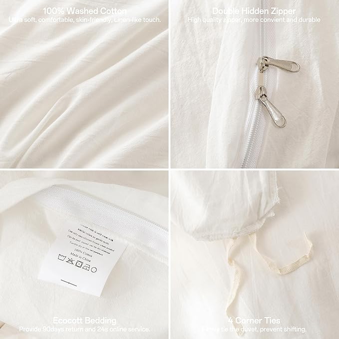 ECOCOTT 100% Washed Cotton Duvet Cover Oversized King Size – Soft & Breathable Linen Feel Bedding Set, 3 Pieces White Comforter Cover with Zipper Closure for All Seasons