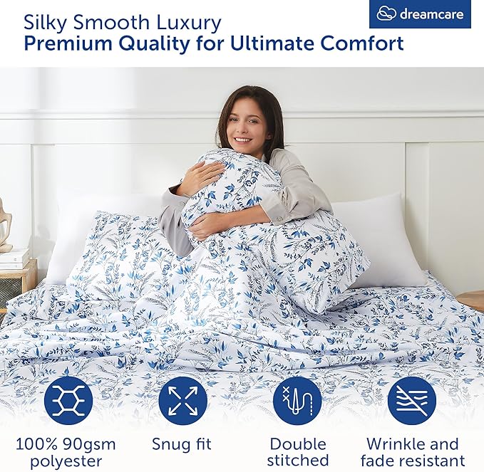 DREAMCARE Queen Size Sheets - Floral Sheets Queen Size Bed Set - 4pcs Queen Sheet Set - Cooling Bed Sheets - Queen Size Sheet Sets - Soft & Long Lasting 100% Brushed Floral Bed Set - Floral Blue DREAMCARE
