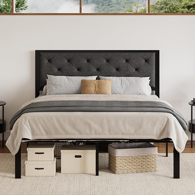 SHA CERLIN Full Size Metal Platform Bed Frame,Linen Upholstered Button Tufted Headboard, Mattress Foundation with 12.4” Under-Bed Storage, Noise-Free, Easy Assembly, No Box Spring Needed, Dark Grey