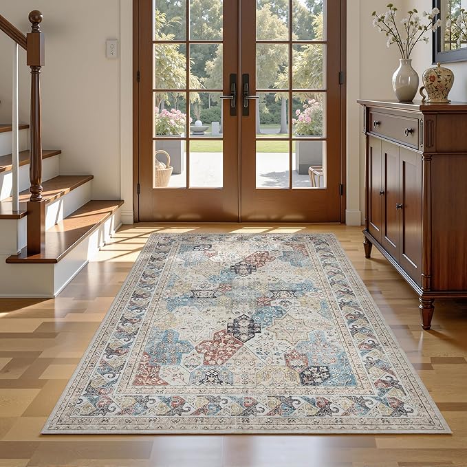 RCTJHOME 4'x6' Washable Area Rugs for Hallway, Non Slip Dining Room Rugs, Soft Low Pile Entryway Indoor Mat, Moroccan Accent Carpet for Kitchen, Living Room and Bedside, Cream Beige Blue Colorful