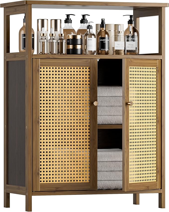 HITNET Rattan Bathroom Floor Cabinet, Freestanding Bamboo Storage Cupboard with 2 Doors, Living Room Sideboard, Space Saving, Walnut