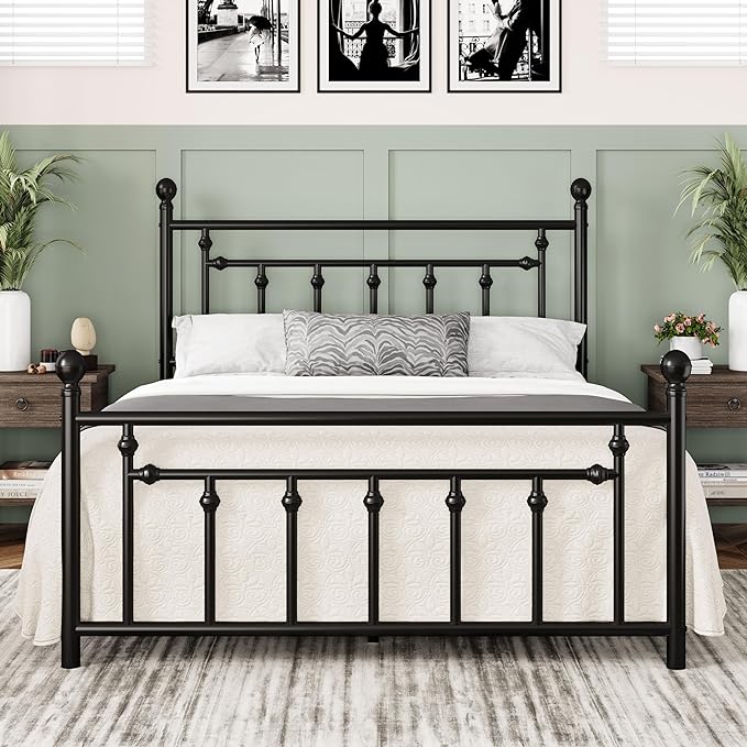 Allewie 14 Inch Full Size Metal Platform Bed Frame with Victorian Vintage Headboard and Footboard/Mattress Foundation/Under Bed Storage/No Box Spring Needed/Easy Assembly/Noise Free/Black