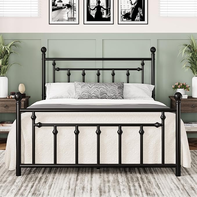 Allewie 14 Inch Queen Size Metal Platform Bed Frame with Victorian Vintage Headboard and Footboard/Mattress Foundation/Under Bed Storage/No Box Spring Needed/Easy Assembly/Noise Free/Black