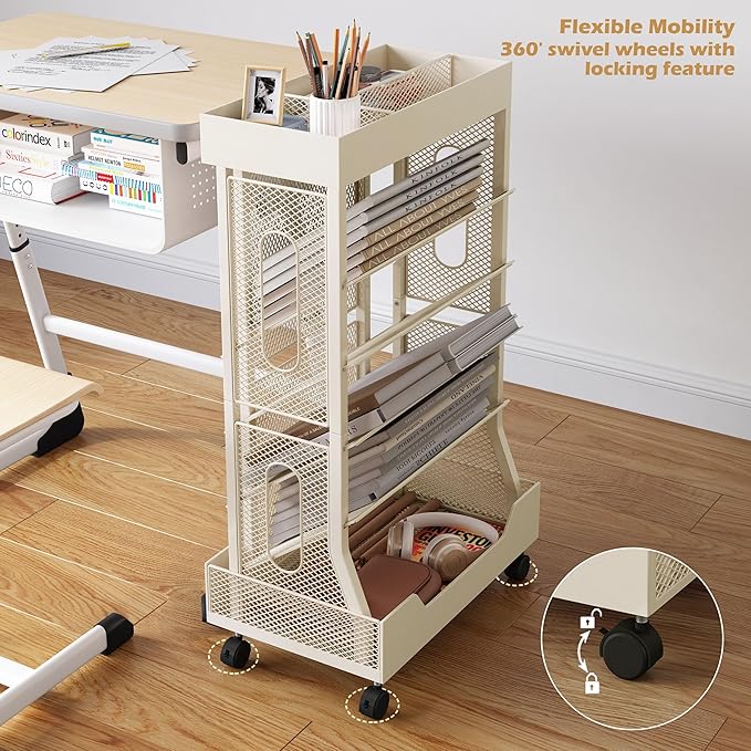COVAODQ Rolling File Cart Book Cart with Wheels Mobile Bookshelf File Organizer Beside Desk, Free-Standing File Holder, Paper Letter Tray Organizer Mesh Desk Organizer for Office School