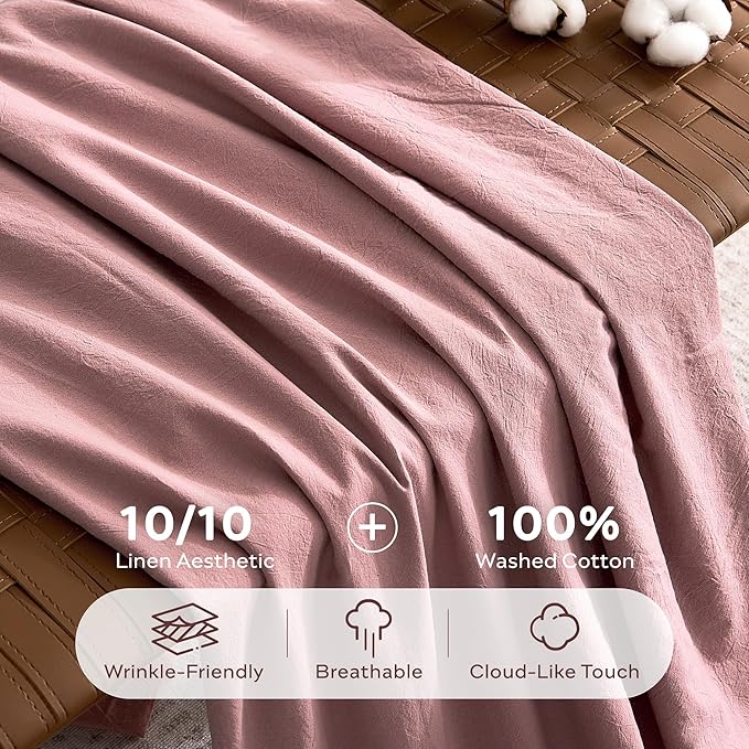 JELLYMONI 100% Washed Cotton Duvet Cover King – Soft, Breathable Linen-Look Bedding with Natural Wrinkle Texture, Button Closure, 3-Piece Set (Darker Rose, 104"x90")