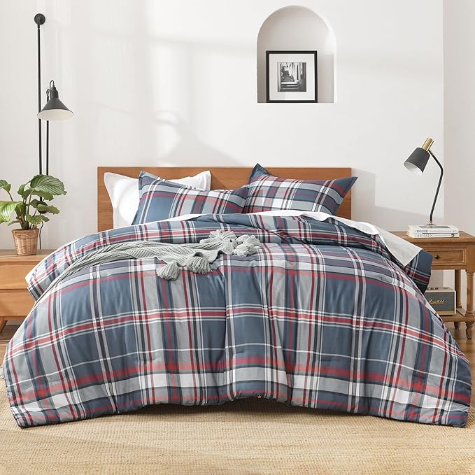 Andency Navy Red Plaid Comforter Set Full(79x90Inch), 3 Pieces Grid Gingham Stripes Bedding Comforter Sets for Boys Girls Kids Teens, Preppy Geometric Line Soft Lightweight Reversible Bed Set as Gift