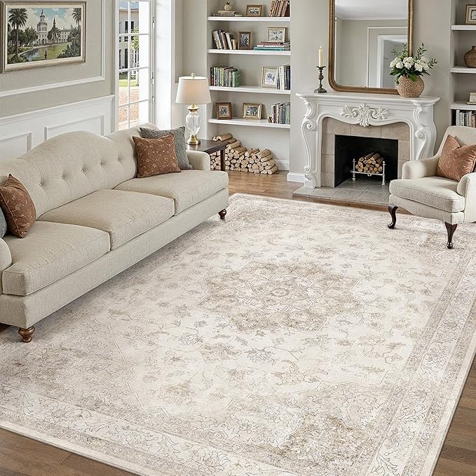 Beige Area Rug 10x14 Washable Living Room Carpet Vintage Non Slip Soft Bedroom Indoor Office Retro Low Pile Thin Oriental Medallion Large Rug for Dining Room Bathroom Playroom