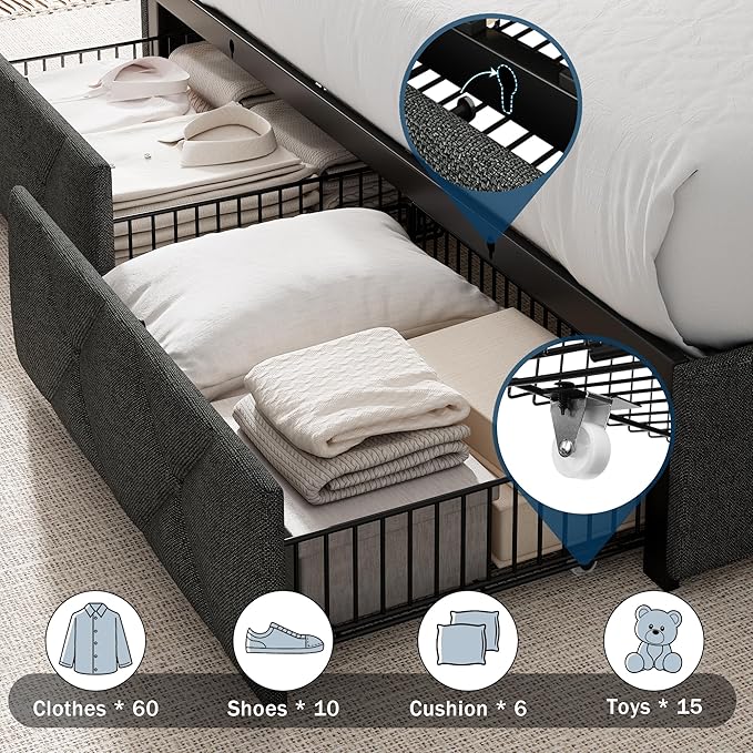 King Size Bed Frame with 4 Storage Drawers, Upholstered Platform Bed with Charging Station, Modern Wingback Storage Headboard, Easy Assembly,Noise-Free, Dark Gray