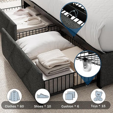 King Size Bed Frame with 4 Storage Drawers, Upholstered Platform Bed with Charging Station, Modern Wingback Storage Headboard, Easy Assembly,Noise-Free, Dark Gray