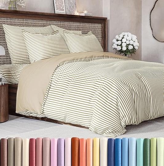 Duvet Cover Queen Size Set - Extra Soft Queen Size Duvet Cover 90 x 90 with 2 Pillow Shams - Hotel Luxury Easy Care & Fade Free w/Zipper Closures & Ties - Comfy Breathable Bedding Set (Beige Stripes)