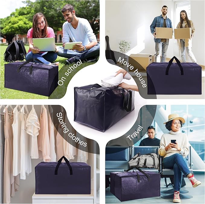 6 Pack Heavy Duty Extra Large Moving Bags W/Backpack Straps - Strong Handles & Zippers, Storage Totes For Space Saving, Fold Flat, Alternative to Box and Bin (40 gal, Blue)