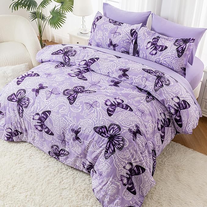 ARTALL Bed in A Bag Full/Queen Size 7 Pieces, Purple Paisley Butterfly Bedding Comforter Set All Season Bed Set with 1 Comforter, 2 Pillow Shams, 1 Flat Sheet, 1 Fitted Sheet, 2 Pillowcases