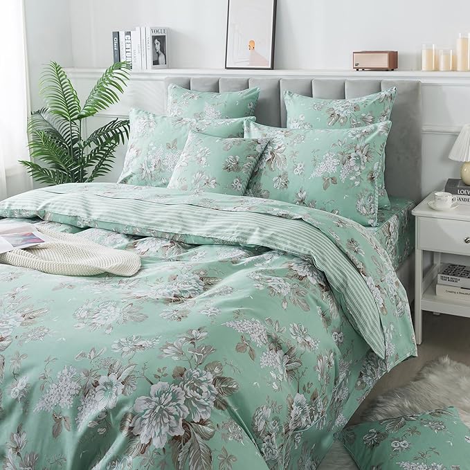 FADFAY Duvet Cover Set Twin Green Toile Floral Bedding Shabby Peony Flower Quilt Cover Set Vintage Farmhouse Bedding 100% Cotton Soft Comforter Cover Set with Hidden Zipper Closure 3Pcs, Twin Size