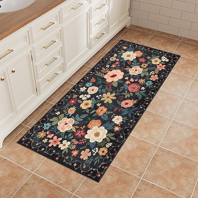 DUKINO 2x4 Rug for Entryway, Washable Kitchen Floral Runner Rug with Non Slip Backing, Low Pile Soft Boho Carpet for Kitchen, Hallway, Entryway, Laundry, Bedroom, Black