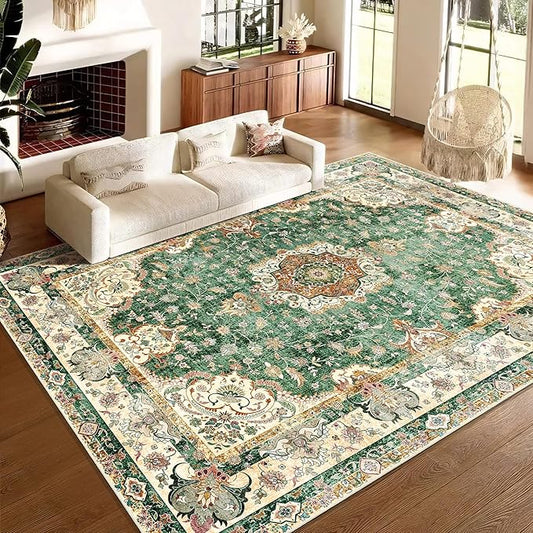 9'x12' Area Rugs Washable,Large Green Rug for Living Room Bedroom Dining Room,Boho Vintage Bohemian Distressed Oriental Carpet Non Slip,Retro Sage Floral