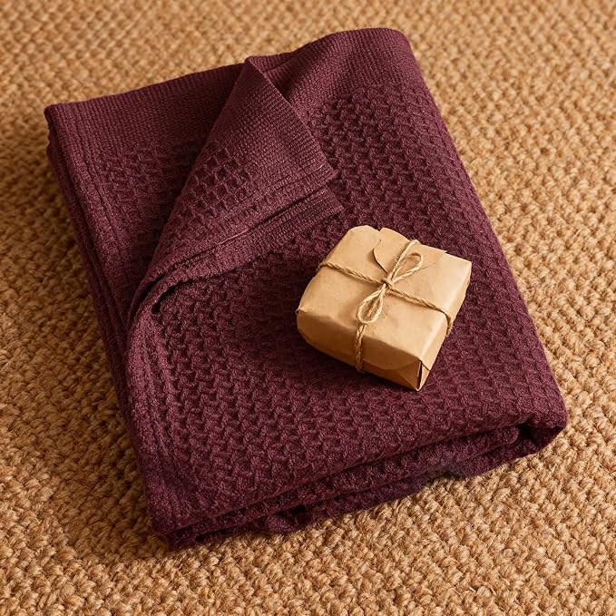 Bedsure Gentlesoft 100% Cotton Blanket Queen Size for Bed - Breathable and Soft, Thick Cozy Waffle Weave Christmas Blanket Gift for Women, Burgundy, 90x90 Inches