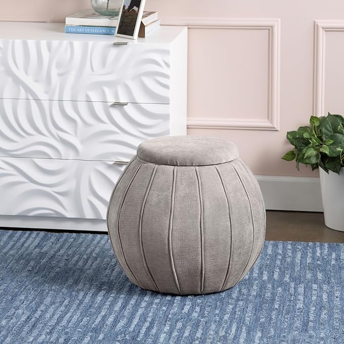 Crestview Collection 18" Foot Stool Ottoman, Round Storage Ottoman Removable Seat, Fabric Round Foot Rest, Vanity Stool, Extra Seating for Living Room, Bedroom, Entryway (Taupe)