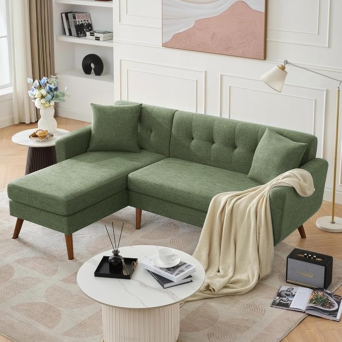 Tbfit L Shaped Couch Sofa, 80" W Mid-Century Modern Sectional Couches, 3 Seater Sofas with Wide Chaise Lounge, Button Tufted Upholstered Sectional Sofa for Living Room, Bedroom, Green