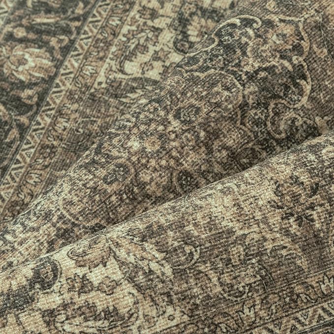 3x7 Washable Brown Runner Rug Vintage Hallway Kitchen Carpet Non-Slip Soft Low Pile Distressed Throw Rug for Bedroom Bathroom Laundry Living Room