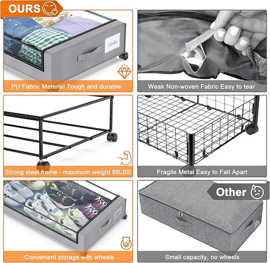 Under Bed Storage with Wheels, 2-Pack Under Bed Storage Containers with Clear Lids, XXL 60L Under the bed storage Organizer Bins, Rolling Under Bed Metal Drawer for Clothes,Shoes,Toys (Gray, 2 Pack)