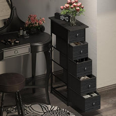 GiftGo Narrow Dresser Vertical Slim Dresser Chest of Drawers Skinny Storage Tower for Small Spaces Gaps Closet Bedroom Bathroom Small Fabric Drawer Unit (Charcoal Black, 5 Drawers)