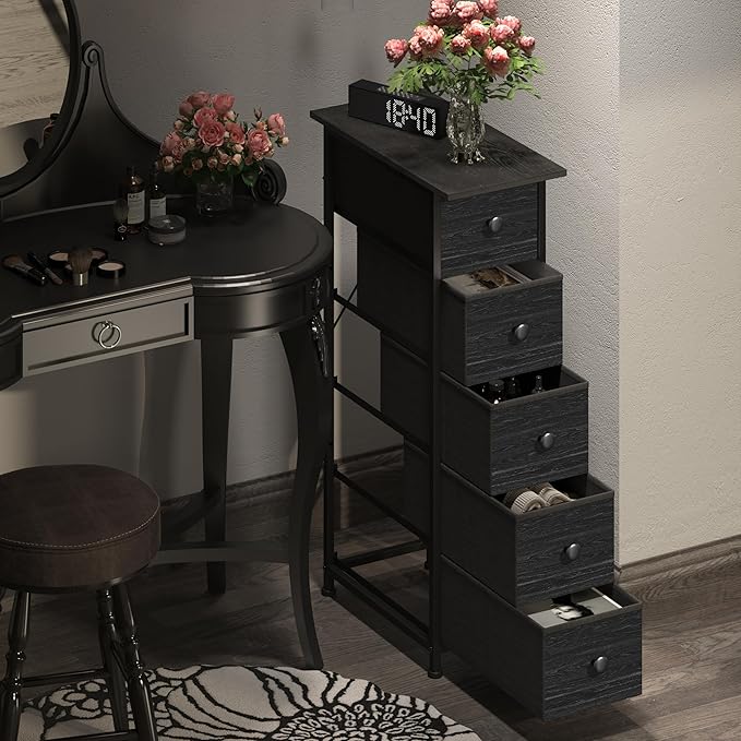 GiftGo Narrow Dresser Vertical Slim Dresser Chest of Drawers Skinny Storage Tower for Small Spaces Gaps Closet Bedroom Bathroom Small Fabric Drawer Unit (Charcoal Black, 5 Drawers)