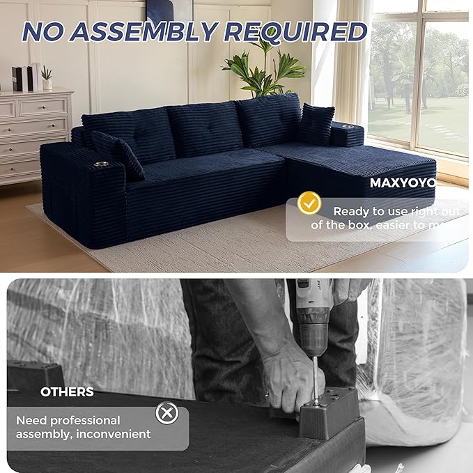 MAXYOYO 104" Modular Sectional Couch with L-Shape Chaise, Modern Boneless Couch for Living Room, Sofa in A Box, Oversized Sofa Sleeper with Deep Seat, No Assembly Required, Navy