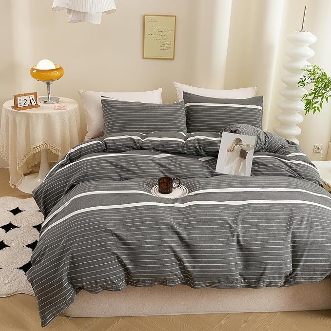 ECOCOTT Grey Striped Duvet Cover Oversized King Size, 100% Washed Cotton 3-Piece Bedding Set - Ultra Soft, Breathable & Easy Care with Zipper Closure and 2 Pillowcases, No Comforter