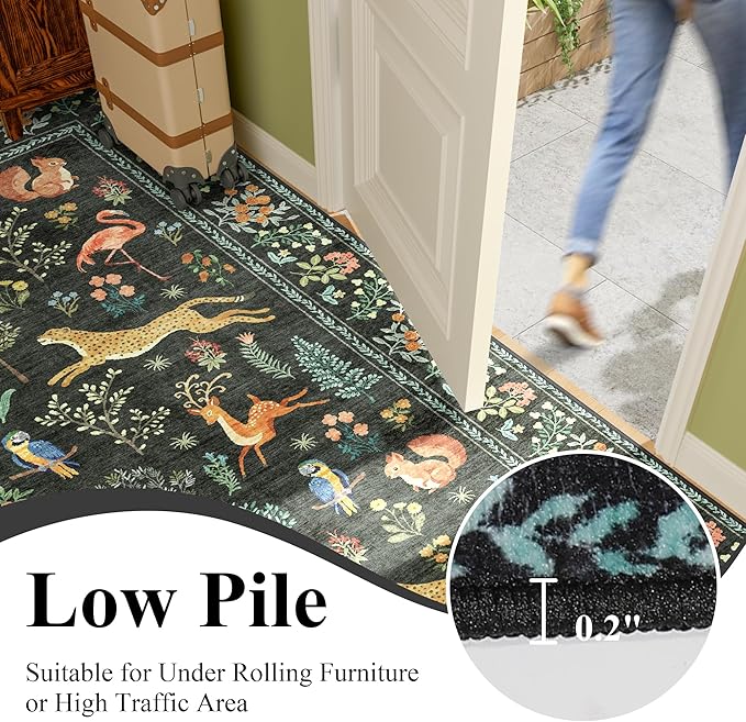 DUKINO 2x4 Rug for Hallway, Washable Kitchen Runner Rug with Non Slip Backing, Soft Low Pile Vintage Animal Runner for Bedroom, Kitchen, Hallway, Entryway, Laundry, Black