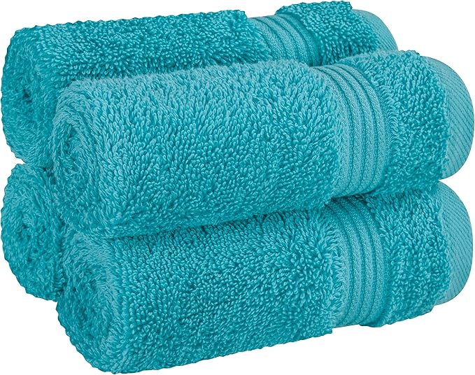 Cotton Paradise 100% Cotton Turkish Washcloth Set for Bathroom, 4 Piece Soft Absorbent Small Hand Face Towels Wash Rags, Aqua Blue