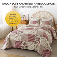 SLPR Country Roses Patchwork Cotton Pieced Quilt Set - King Size with 2 Shams, French Country Style Floral Bedding, Red Rose Farmhouse Quilted Bedspread with Flower Pattern