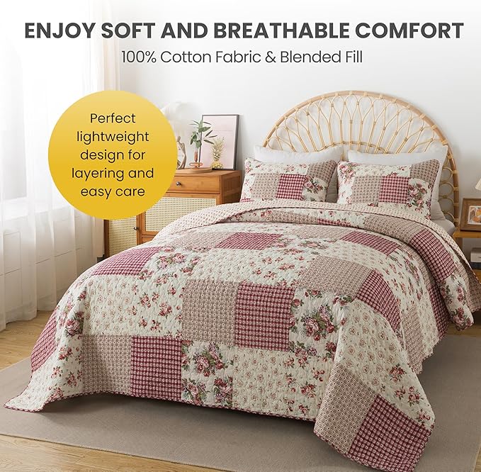 SLPR Country Roses Patchwork Cotton Pieced Quilt Set - Queen Size with 2 Shams, French Country Style Floral Bedding, Red Rose Farmhouse Quilted Bedspread with Flower Pattern
