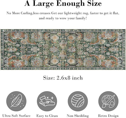 RUGSURE Washable Area Rugs - Perfect for Living Room, Bedroom, Kids Room, Nursery - Stain & Water Resistant Non-Slip, Pet & Child Friendly, Vintage Tribal Area Rugs (Green, 2'6'' x 8')