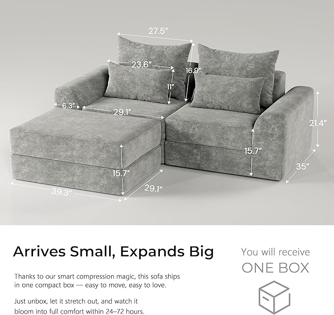 Modular loveseat with Ottoman, L-Shape Boneless Couch, Customizable Sectional Couch, Free Combination Design Sleeper Sofa, Stone Echo