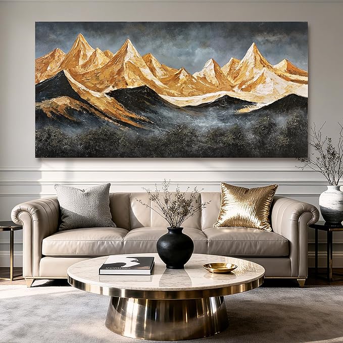 YETHEN WAL Golden Peaks Mountain Wall Art – Large Textured Landscape Canvas Print, Gold & Slate Mountain Scenery for Living Room or Bedroom, Horizontal 24×48 Inch