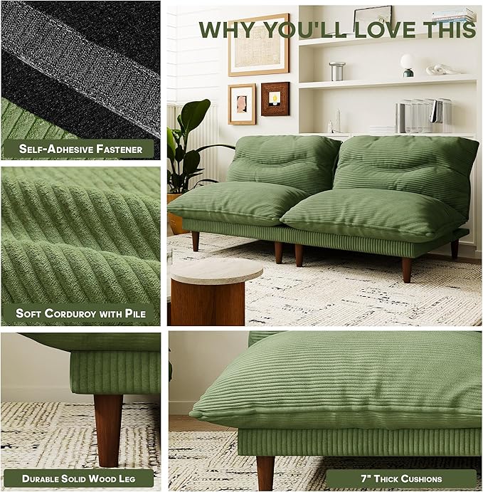 Futon Sofa Bed, 4 in 1 Multi-Functional Futon Couch with Adjustable Backrest, Convertible Sleeper Sofa Bed and Recliner Lounge, Loveseat for Living Room, Apartment, Office, 2 Sets, Green
