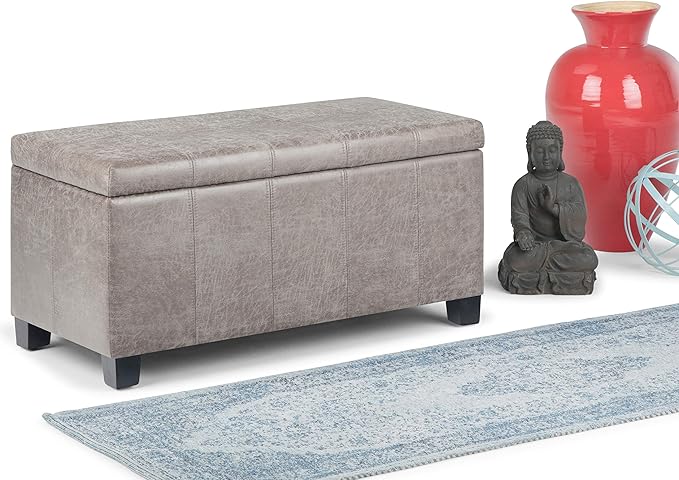 SIMPLIHOME Dover 36 inch Wide Contemporary Rectangle Storage Ottoman Bench in Distressed Grey Taupe Vegan Faux Leather, Assembled, For the Living Room, Entryway and Family Room
