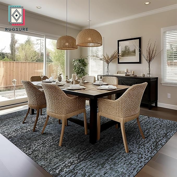 RUGSURE Washable Area Rug - 1/6 Thick - Stain & Water Resistant Non-Slip - Resistant Rug for Living Room, Bedroom, Nursery, Pet & Child Friendly, Vintage Charm Area Rugs (Darkgrey+Bule, 6' x 9')