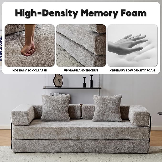Convertible Floor Sofa Bed with Fixed-Shape Frame, Modular Chenille Folding Mattress Couch with Armrest, Floor Sofa Lounge Couch for Living Room Bedroom Lounge Studio,Light Grey