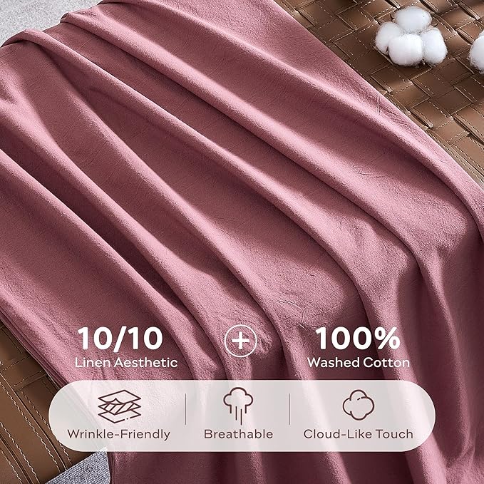 JELLYMONI 100% Washed Cotton Duvet Cover Queen – Soft, Breathable Linen-Look Bedding with Natural Wrinkle Texture, Button Closure, 3-Piece Set (Deep Rose, 90"x90")
